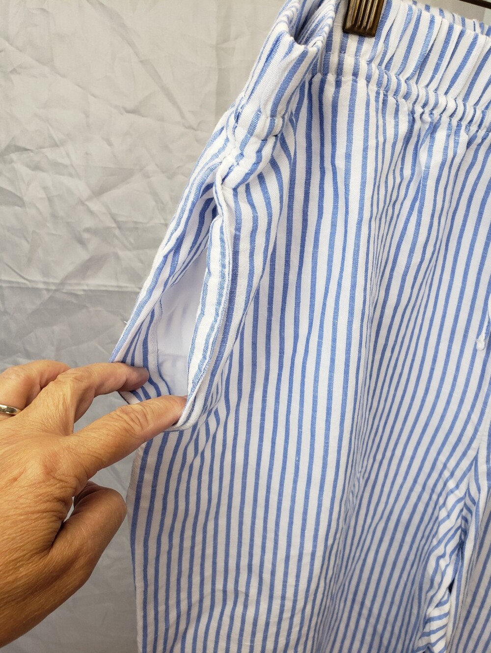 H&M Blue White Vertical Striped Linen Blend Drawstring Wide Leg Pants Size XL - Picture 2 of 7